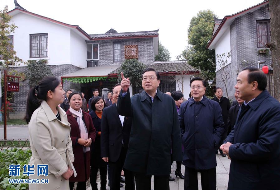 這是11月22日，張德江來(lái)到成都郫縣青杠樹(shù)村，了解村民委員會(huì)工作情況。 新華社記者 劉衛(wèi)兵 攝 