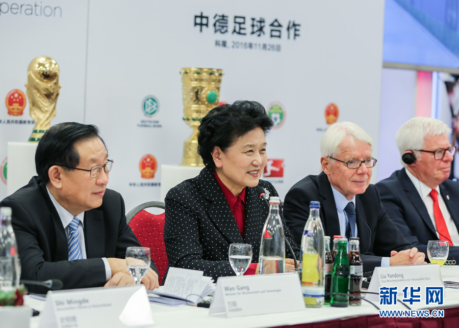 11月26日，中國國務院副總理劉延東在德國科隆足球俱樂部出席中德足球發(fā)展座談會。 新華社記者單宇琦攝