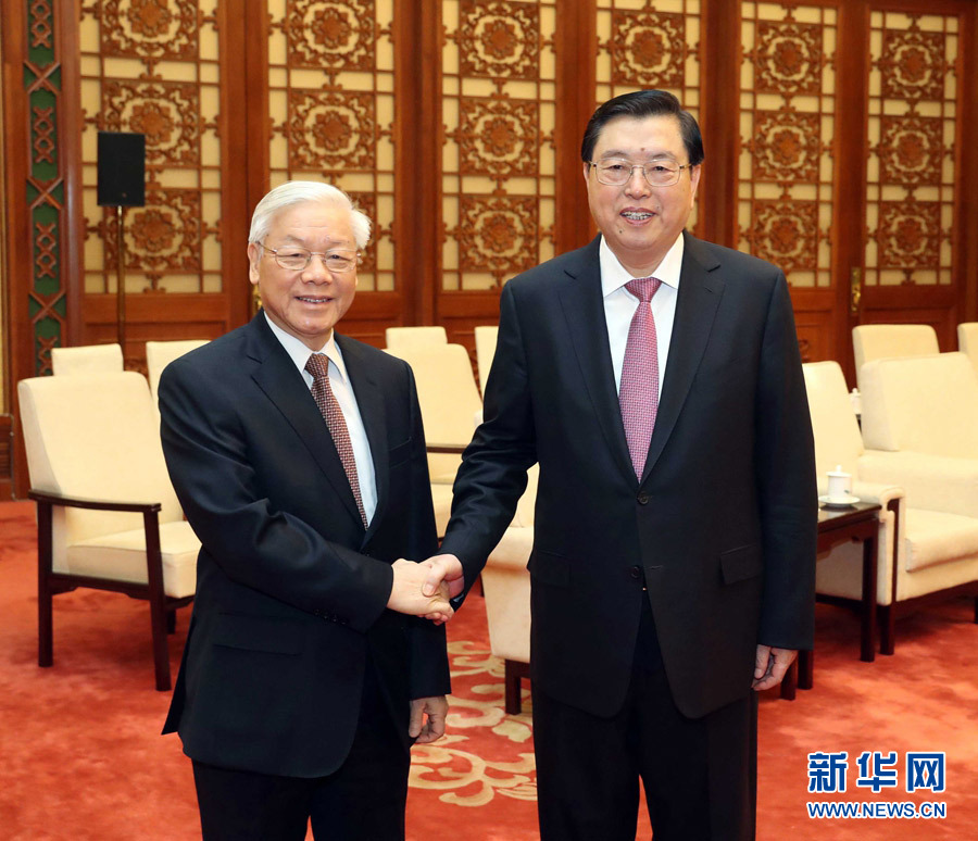 1月13日，中共中央政治局常委、全國(guó)人大常委會(huì)委員長(zhǎng)張德江在北京人民大會(huì)堂會(huì)見越共中央總書記阮富仲。 新華社記者 劉衛(wèi)兵 攝