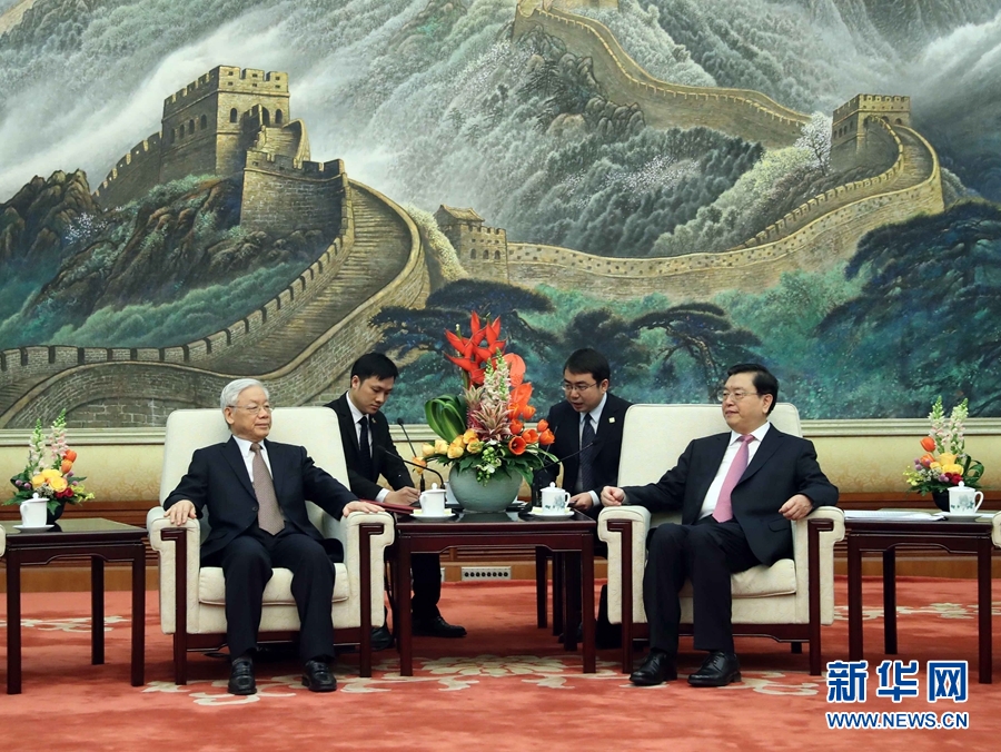 1月13日，中共中央政治局常委、全國(guó)人大常委會(huì)委員長(zhǎng)張德江在北京人民大會(huì)堂會(huì)見越共中央總書記阮富仲。 新華社記者 劉衛(wèi)兵 攝