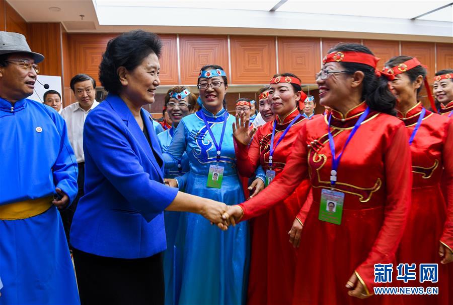 8月9日，中共中央政治局委員、國務(wù)院副總理、中央代表團(tuán)副團(tuán)長劉延?xùn)|率中央代表團(tuán)二分團(tuán)到赤峰看望慰問各族干部群眾。這是劉延?xùn)|在赤峰市群眾藝術(shù)館和群眾親切交談。新華社記者 連振 攝