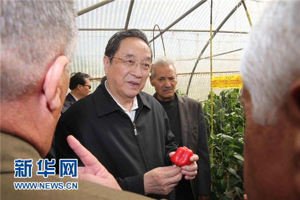 11月8日，正在約旦進(jìn)行正式友好訪問(wèn)的全國(guó)政協(xié)主席俞正聲在約旦河谷參觀碩果農(nóng)業(yè)合作社。 新華社記者 劉衛(wèi)兵 攝 