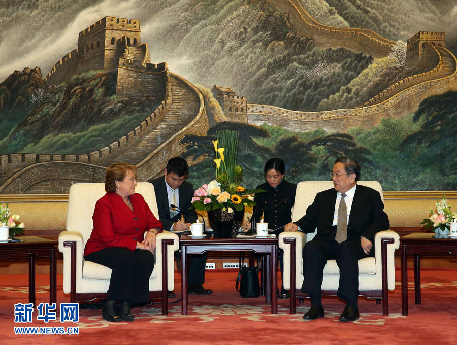 11月11日，全國政協(xié)主席俞正聲在北京人民大會(huì)堂會(huì)見智利總統(tǒng)巴切萊特。 新華社記者 劉衛(wèi)兵 攝