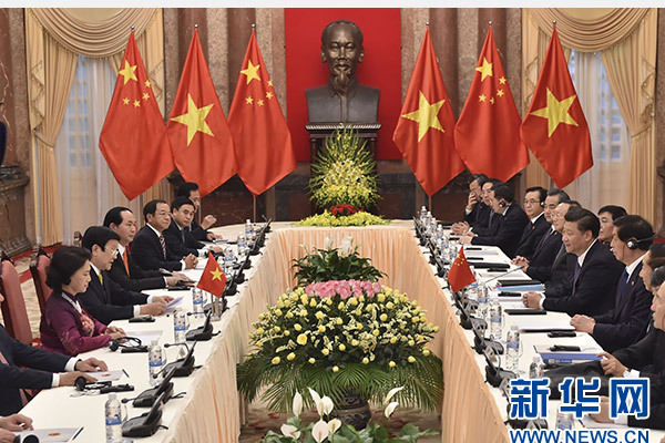 11月6日，中共中央總書記、國家主席習(xí)近平在河內(nèi)同越南國家主席張晉創(chuàng)舉行會談。 新華社記者李濤攝