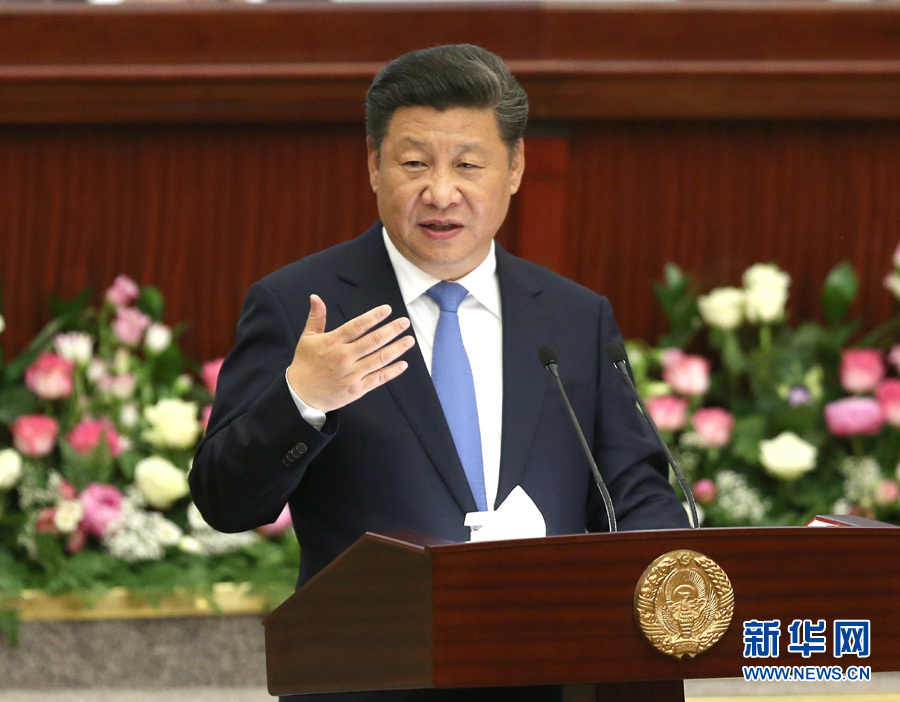 6月22日，國家主席習(xí)近平在塔什干烏茲別克斯坦最高會議立法院發(fā)表題為《攜手共創(chuàng)絲綢之路新輝煌》的重要演講。 新華社記者馬占成攝
