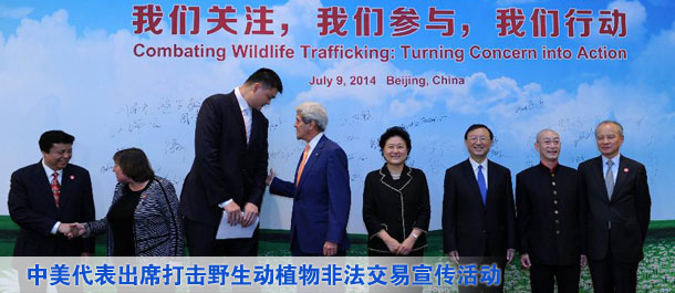 劉延?xùn)|、楊潔篪同美國(guó)國(guó)務(wù)卿克里共同出席中美打擊野生動(dòng)植物非法交易宣傳活動(dòng)（圖）